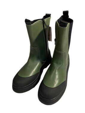 NEW! ZARA Tall Leather Combat Style Ankle Boots High Low in Green and Black Sz 7
